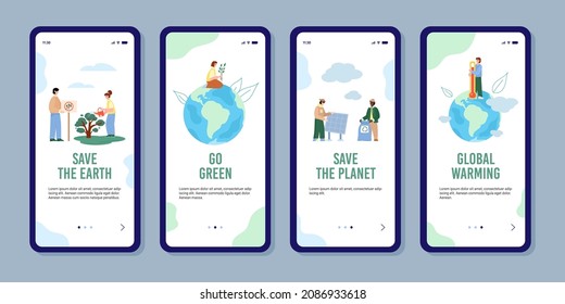 Contaminación ambiental y calentamiento global paquete de páginas móviles en bordo, ilustración plana vectorial. Kit de pantallas de adopción móvil sobre el tema de la ecología ambiental.