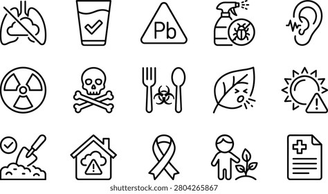 Environmental Pollution Health Risks Icons Set Vector Line Art Illustration Collection For Safety Awareness