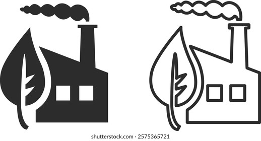 Environmental pollution icon in the form of a factory with a pipe, smoke and a leaf silhouette and line in black colors. CO2 emissions into the atmosphere, dark gray icon.