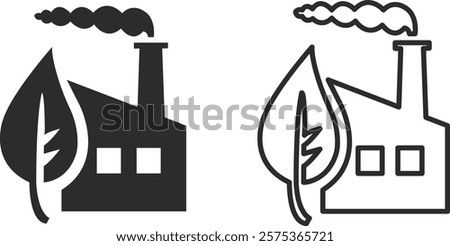 Environmental pollution icon in the form of a factory with a pipe, smoke and a leaf silhouette and line in black colors. CO2 emissions into the atmosphere, dark gray icon.