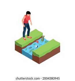 Environmental pollution icon with isometric character looking at garbage in water 3d vector illustration