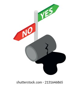 Environmental pollution icon isometric vector. Oil barrel near direction sign. Chemical pollution, result of human industrial activity, ecology disaster