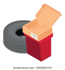Icono de contaminación ambiental vector isométrico. Neumático del coche, caja de papel y urna de la calle. Contaminación industrial, medio ambiente