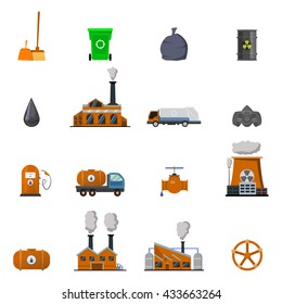 Environmental pollution icon set buildings and structures affecting environmental situation vector illustration