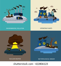 Environmental pollution icon set with description of operating plants nuclear weapon and bacteriological danger vector illustration