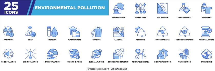 Environmental Pollution Icon Sheet Blue White