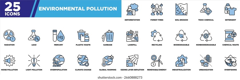 Poluição Ambiental Icon Sheet Azul Preto