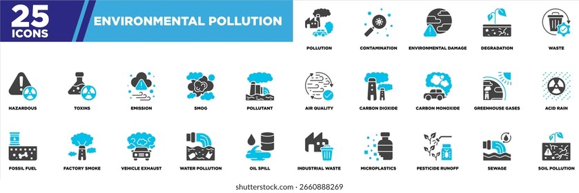 Hoja de iconos de contaminación ambiental Glifo Azul gris