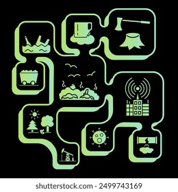 Environmental pollution icons. Chromatic full pollution icons. Pollution symbols. Color illustrations. EPS 10.