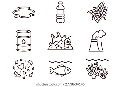 Environmental pollution icons set illustrating oil spill, plastic waste, industrial emissions, littering, and marine contamination in clean minimalist line art style