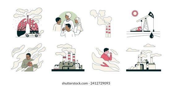 Environmental pollution icons set. Problems of air pollution, emissions from factories and cars. Exhaust gases, harmful chemical emissions from the plant and their impact on human health. Flat icon.