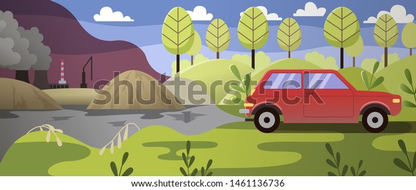 Environmental pollution illustration. Carbon\
CO2 emissions from the car. Flat design layered illustration.\
Banner for\
infographics