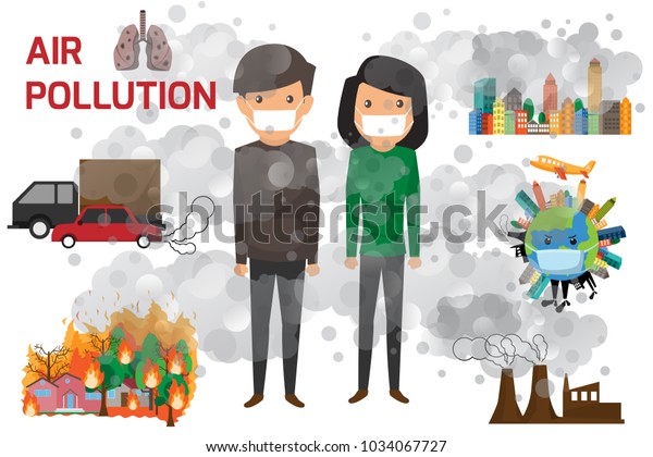 Environmental pollution infographics set\
with information about environmental impact. Air Pollution and\
cartoon character vector\
illustration.