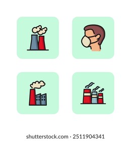 Environmental pollution line icon set. Harmful emissions from factories and lung protection products. Bad ecology concept. Vector illustration for web design and apps
