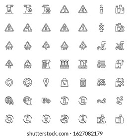 Environmental pollution line icons set. linear style symbols collection, Ecology disaster outline signs pack. vector graphics. Set includes icons as industrial chimney smoke, plastic bottle in ocean 