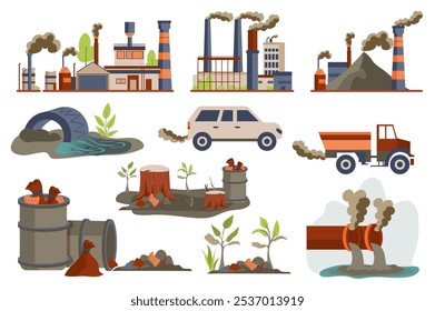 Poluição ambiental mega set elementos em design gráfico plano. Objetos de coleta de emissão de indústria tóxica, fábrica com tubo, smog e emissão suja, lixo e lixo. Ilustração vetorial.