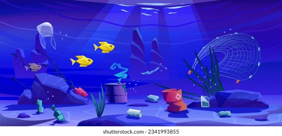 Environmental pollution, ocean pollution. Underwater ocean, school of fish surrounded by garbage, household and industrial waste. Human life waste, plastic, metal, glass, fishing net, plastic bag.