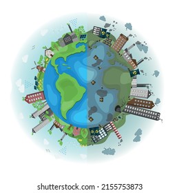 Environmental pollution. The planet is divided into two parts: polluted by harmful enterprises and a purely green part.