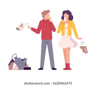Environmental Pollution Problem and Ecology Harm from Household Garbage Vector Illustration. People Throwing Waste on the Road Side