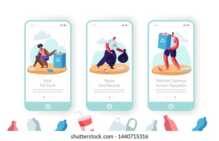 Environmental Pollution Problem Mobile App Page Onboard Screen Set, Multiracial Volunteers Pick Up Litter in Bags with Recycle Sign. Concept for Website or Web Page, Cartoon Flat Vector Illustration