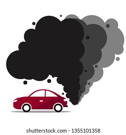 Environmental pollution problem and nature environment, smoke coming from red car exhaust into air. Exhaust gas. Environmental pollution concept. Vector flat  illustration. Vector.