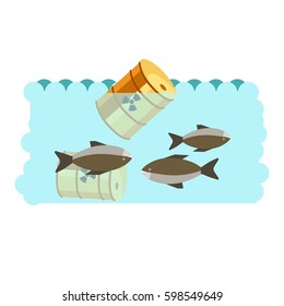 Environmental pollution problem and nature environment or ecology industrial harm. Sea or ocean water global pollute with oil and chemical toxic waste. Eco concept vector flat illustration
