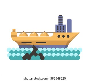Environmental pollution problem and nature environment or ecology industrial harm. Petroleum oil tanker pollute sea or ocean water. Eco concept vector flat illustration