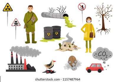 Environmental pollution problems set, pollution of air and water, deforestation, warning signs vector Illustrations on a white background