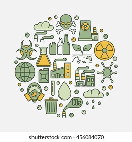 Environmental pollution round sign. Vector colorful illustration of soil and radioactive contamination, air and water pollution