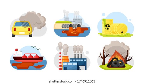 Environmental Pollution Set. Car Exhaust Industrial Wastewater Radioactive Toxic Waste Spilled Oil Factory Combustion Options Burning Plastic, Trash Tires. Cartoon Vector Style.