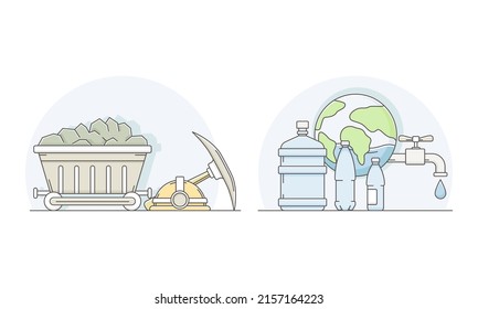 Contaminación ambiental. Extracción de carbón y agotamiento de reservas de agua dulce ilustraciones vectoriales alineadas