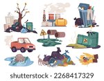 Environmental pollution set graphic elements in flat design. Bundle of dump garbage, factory emissions, dumpster, car exhaust, toxic waste in barrels and other. Vector illustration isolated objects