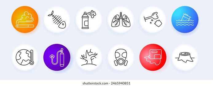 Environmental pollution set icon. Smoking, fish skeleton, spray can, lungs, hammer and chisel, sinking boat, globe with thermometer, oxygen tank, dead tree, gas mask, polluted river, tree stump.