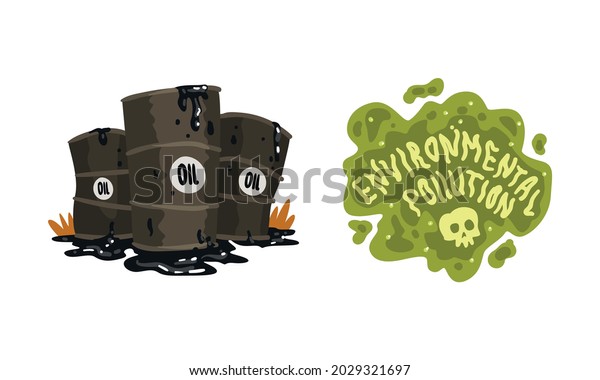 Environmental Pollution Set, Pollution of\
Nature with Oil Products Cartoon Vector\
Illustration