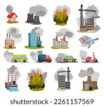 Environmental pollution set. Pollutant fog, gas and industrial smog from factories and transport cartoon vector illustration