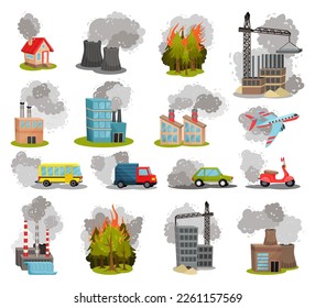 Contaminación ambiental. Niebla contaminante, gas y smog industrial de fábricas y dibujos animados de transporte ilustraciones vectoriales