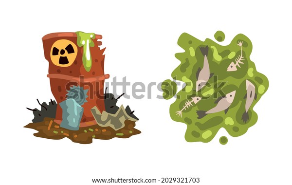Environmental Pollution\
Set, Pollution of Water and Air with Hazardous Industrial Waste\
Cartoon Vector\
Illustration