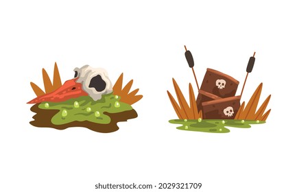 Conjunto de contaminación ambiental, contaminación del agua con vectores de dibujos animados de desechos industriales radiactivos peligrosos Ilustración