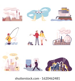 Environmental Pollution and Its Sources Vector Illustrations Set