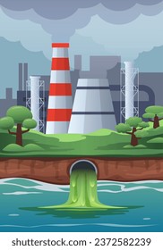 Contaminación ambiental. Desechos tóxicos vertidos en un río o océano. Ilustración vectorial.