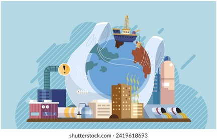 Environmental pollution, trash in water. Industrial production, factories throw waste into water . Discharge of waste into dirty ocean. Save nature. Global ecological problem, underwater contamination