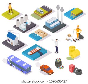 Environmental pollution types flowchart, vector flat isometric illustration. Water, air and land pollution. Household garbage and industrial waste, oil, chemicals, dangerous gases and substances.