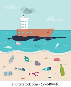 Environmental pollution vector background. Oil spill on water. Ship is polluting the environment. Plastic waste on the sea surface and on the shore. Sea and ocean pollution concept.