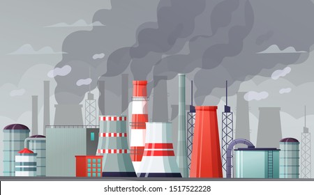 Environmental pollution vector illustration. Air pollution, pollutant fog gas and industrial smog. Factories emitting smoke through chimneys