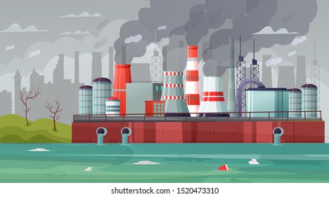 Environmental pollution vector illustration. Air pollution, pollutant fog gas and industrial smog. Factories emitting smoke through chimneys