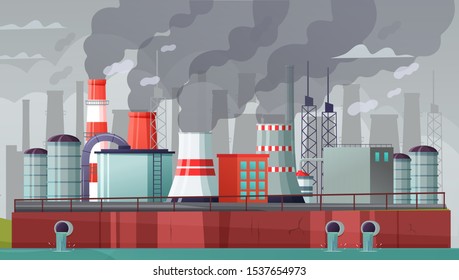 Environmental pollution vector illustration. Air pollution, pollutant gas fog and industrial smog. Factories emitting smoke through chimneys