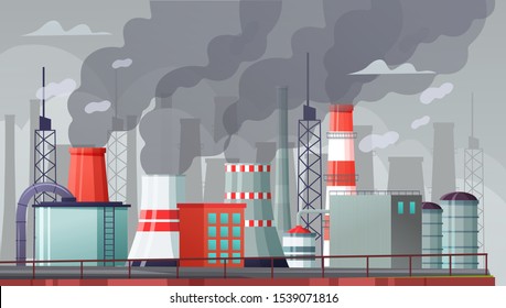 Environmental pollution vector illustration. Air pollution, pollutant fog gas and industrial smog. Factories emitting smoke through chimneys