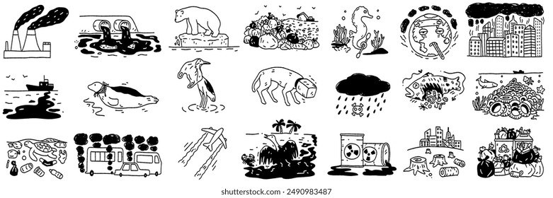 Environmental pollution vector illustration doodle set,. Outline, linear, thin line art, hand drawn sketch, black and white style.