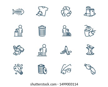 Environmental pollution vector linear icons set. Elements garbage outline symbols pack. Collection of simple sorting of waste icons isolated contour illustrations. Trash can. Banana peel. Recyclables