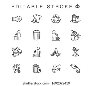 Environmental pollution vector linear icons set. Elements garbage outline symbols pack. Collection of simple sorting of waste icons isolated contour illustrations. Trash can. Banana peel. Recyclables